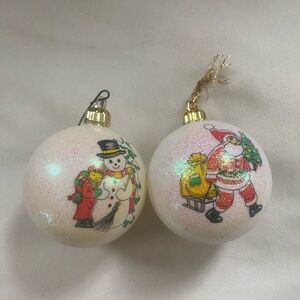 Retro Glittery Snowman and Santa Figurine Ornament Lot Of 2